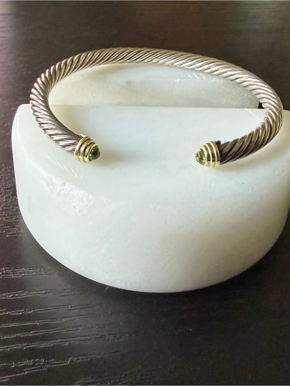 David Yurman Silver Cable Cuff Bracelet with Gold Ends and Green Onyx gems